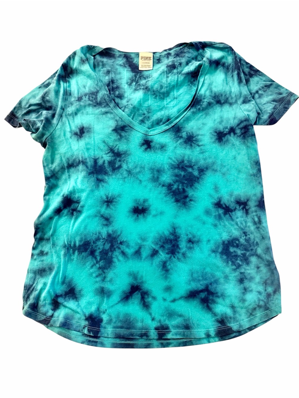 VS PINK Teal Blue Tie Dye V Neck Short Sleeves Tee Size L